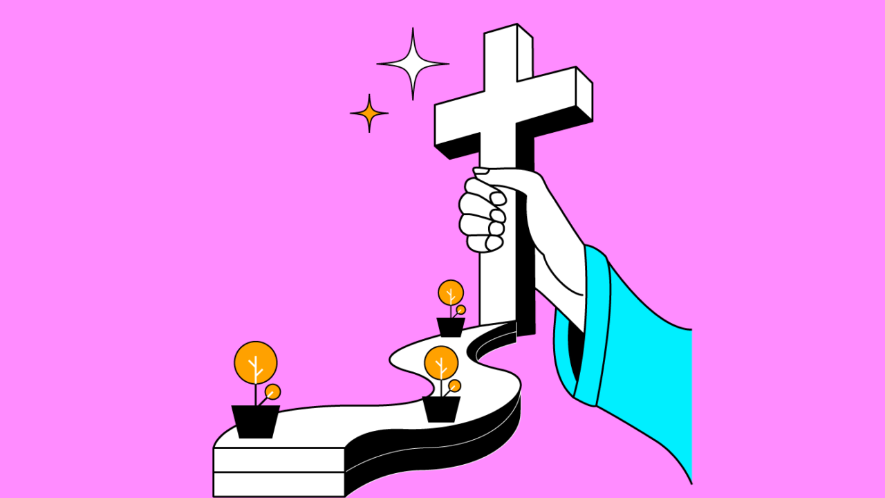 a hand holding a cross at the end of a winding road for church planting advice