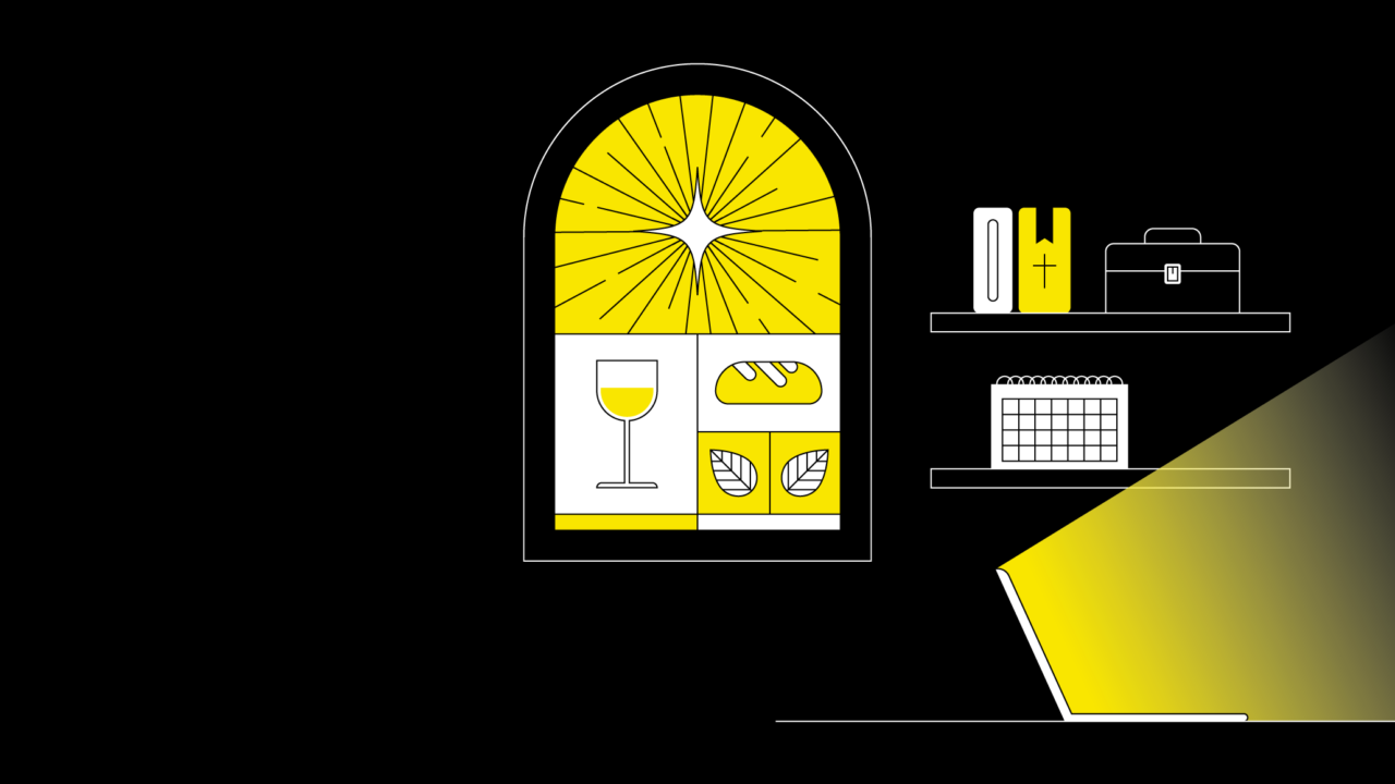 illustration of a church window with a cup and bread next to shelves containing church management binders