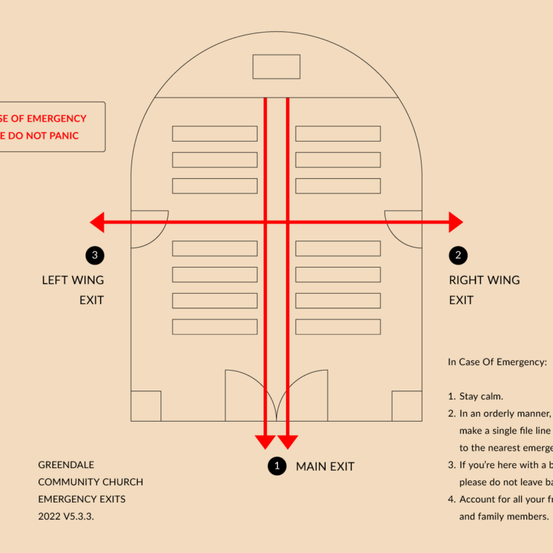 illustration of a church blueprint showing emergency exits for church crisis management
