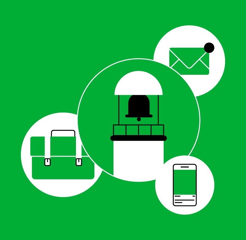 illustration of a church bell surrounded by an email and a briefcase for church business management