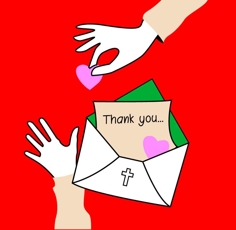 envelope with a church donation thank you letter inside with hands placing hearts inside