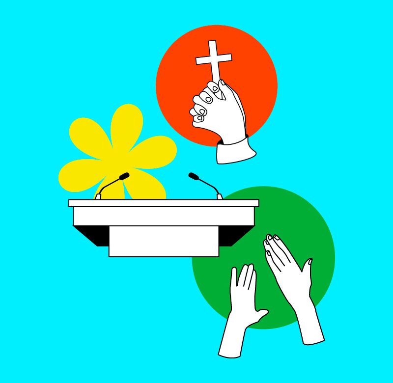 podium next to hands raised and hands holding a cross for how to organize a church conference